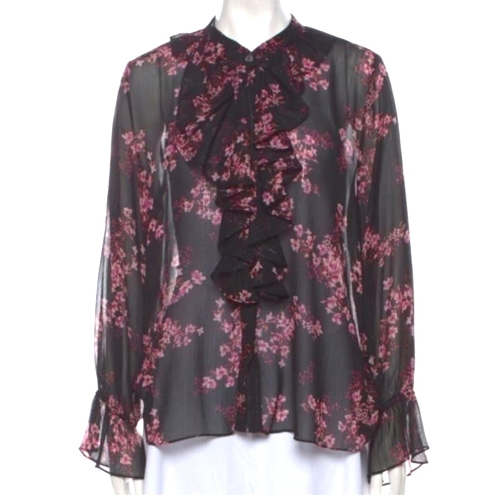 MISA LOS ANGELES Black SHEER CHIFFON Button-Up RUFFLE FRONT Blouse/Top Sz M